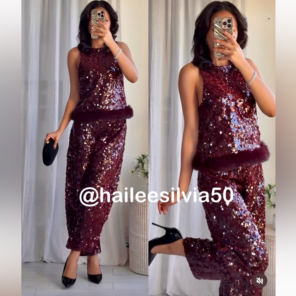 Zara SEQUIN TOP WITH FAUX FUR HEM